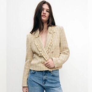 Zara Cropped Tweed Blazer Jacket Yellow Gold Button Double Breasted Frayed XS